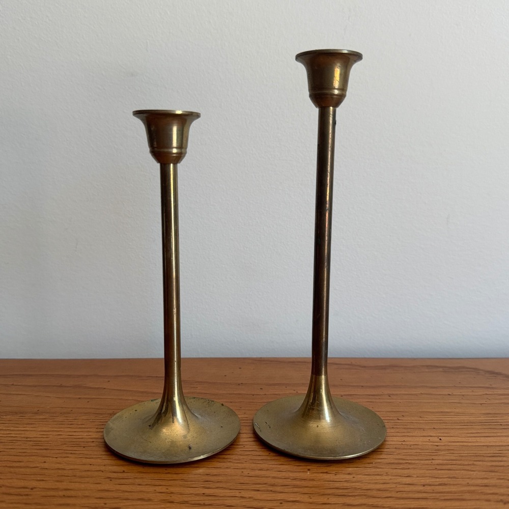 Vintage Interpur Brass Taper Candlestick Holders Set of 2 Taiwan MCM Gold Decor